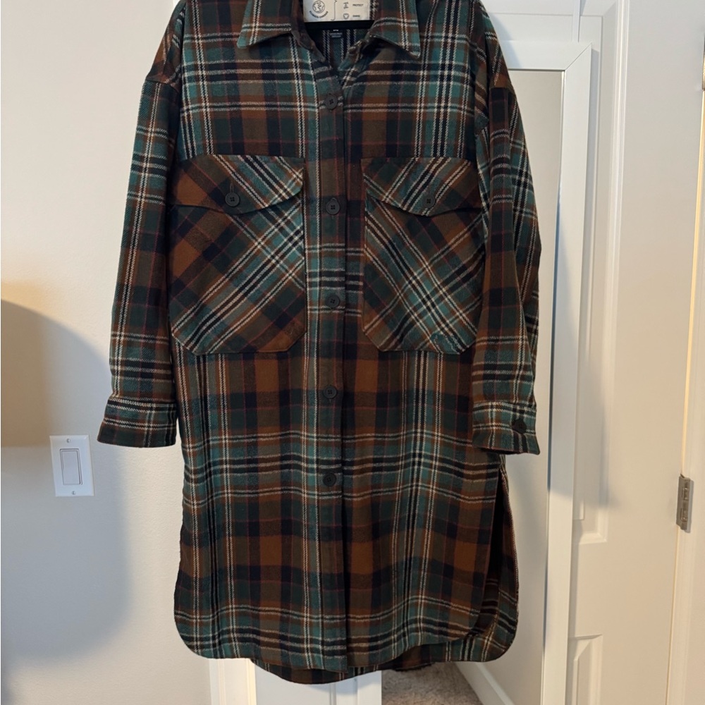 Plaid Button-Up Long Shirt Jacket